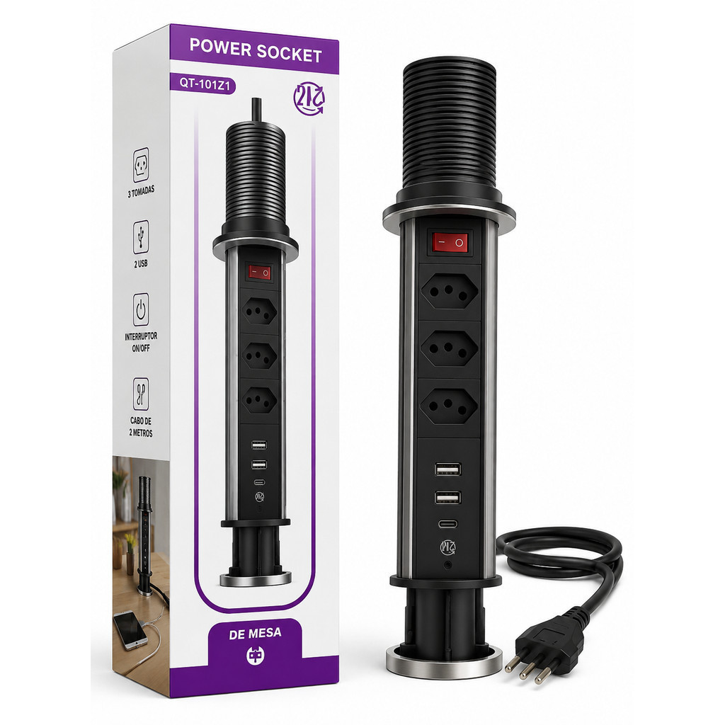 Torre Energia Embutir 3 Tomadas USB Interruptor 2 Metros