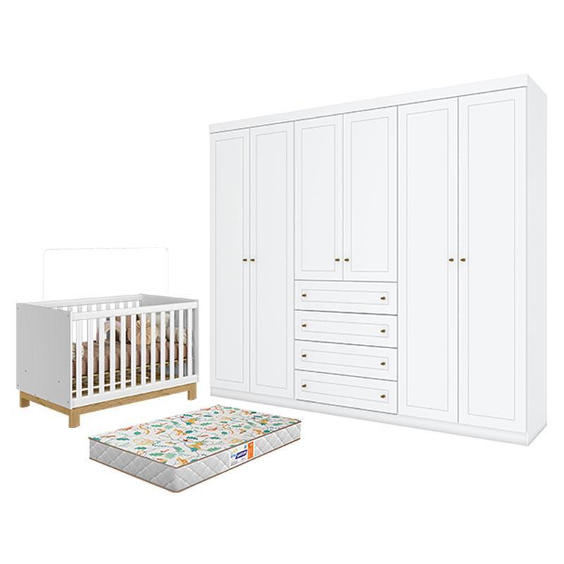 Berço Mini Cama Q Encanto Slim - Qmovi e Guarda Roupa Casal 6 Portas Branco HP e Colchão Gazin – Henn