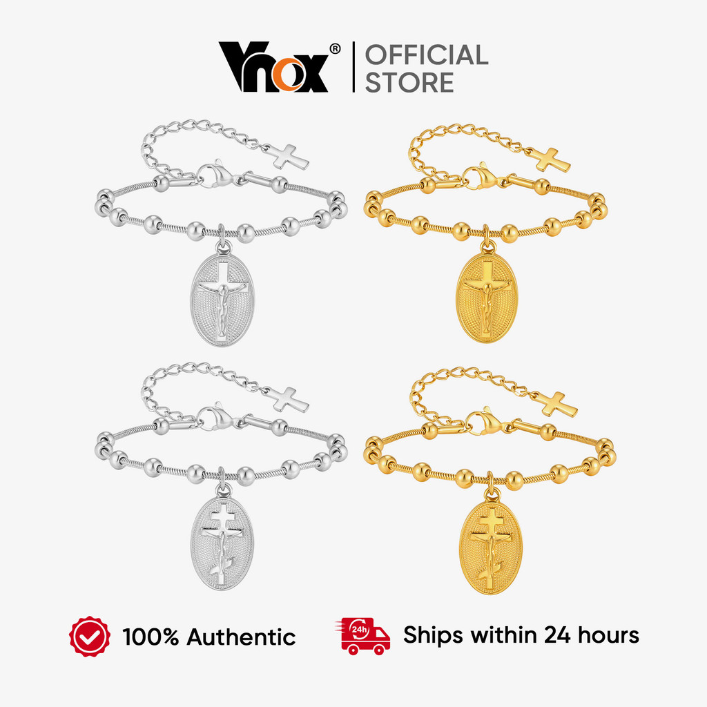Pulseira De Rosário De Aço Inoxidável Banhada A Ouro Vnox Para Mulheres , Oração Cruzada À Prova D'água Da Virgem Maria
