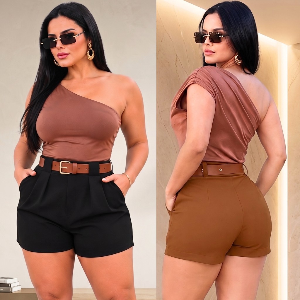 Short Alfaiataria Feminino Plus Size Cintura Alta Com Elastano Zíper Lateral Tamanho Grande