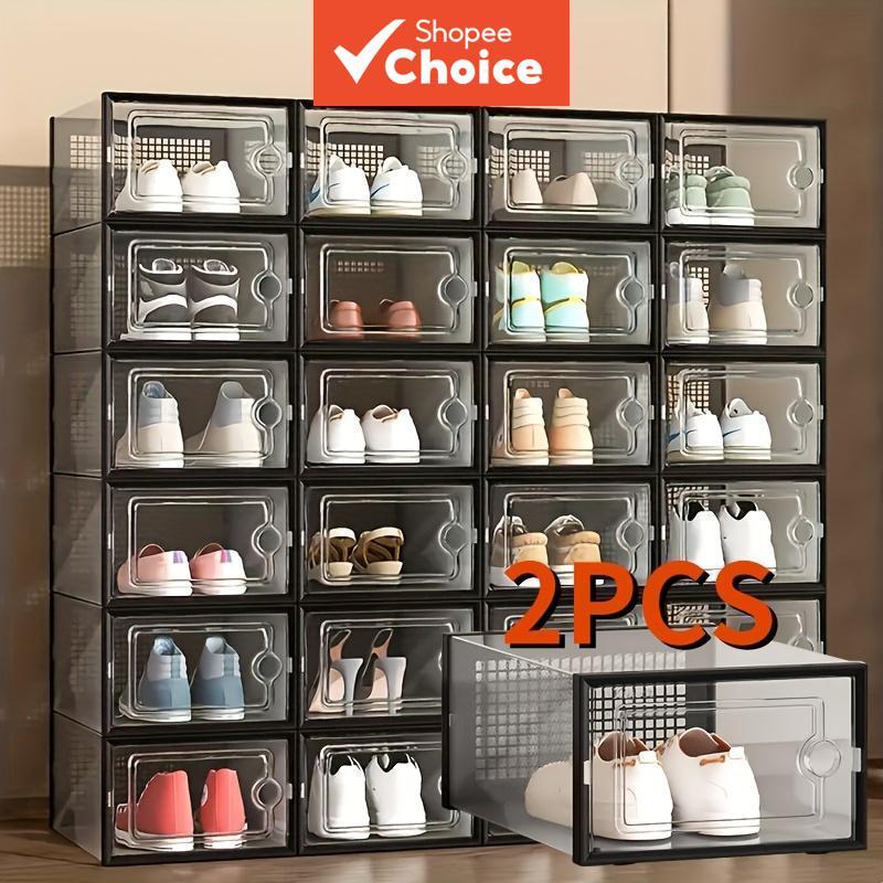 Duas Caixas De Sapatos De Plástico Transparente Com Tampas , Dobráveis E Empilháveis , Recipientes Para Calçados Esporti