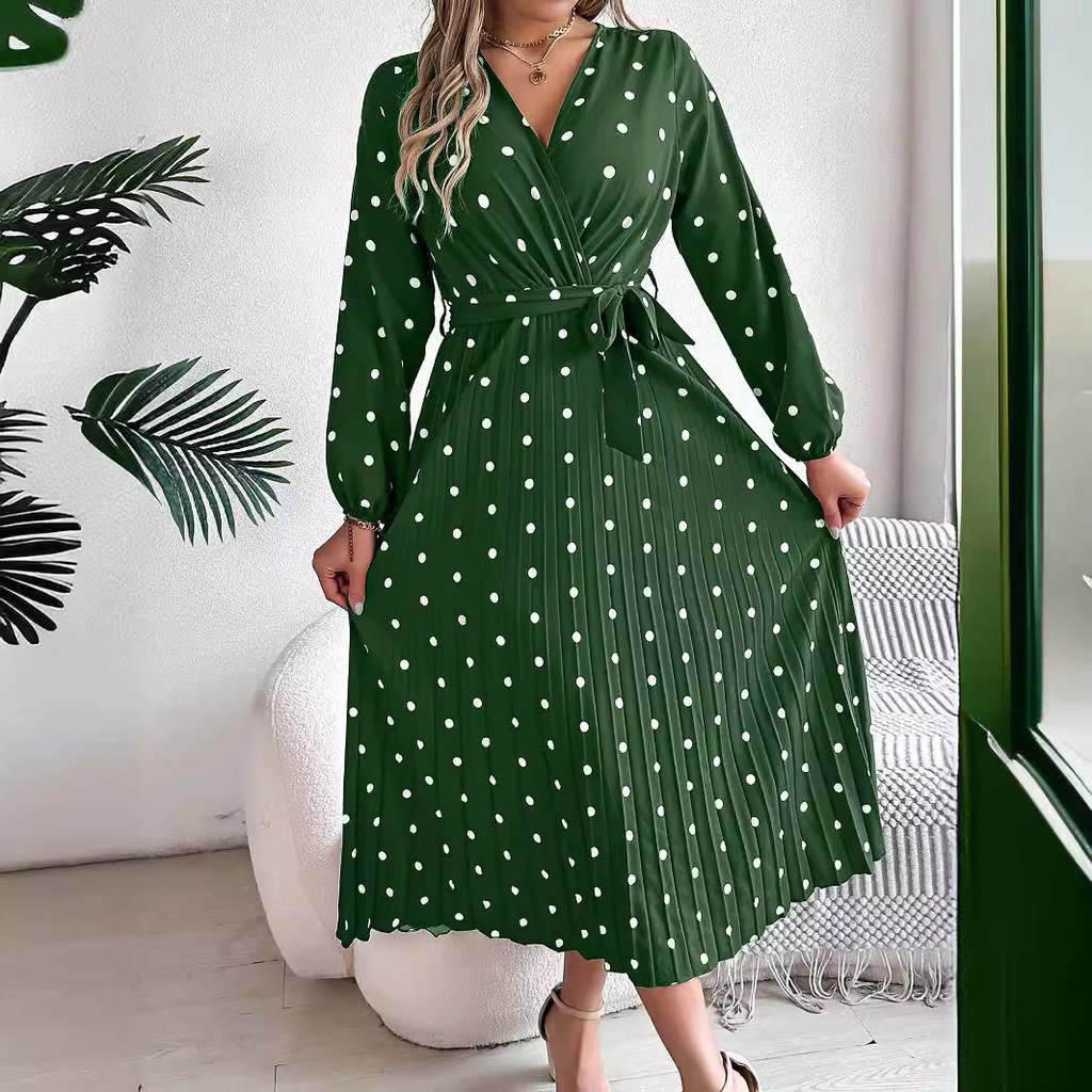 Vestido Sexy de Manga Longa com Decote Cruzado, Vestido Longo Plissado com Decote em V e Estampa de Bolinhas para Primav