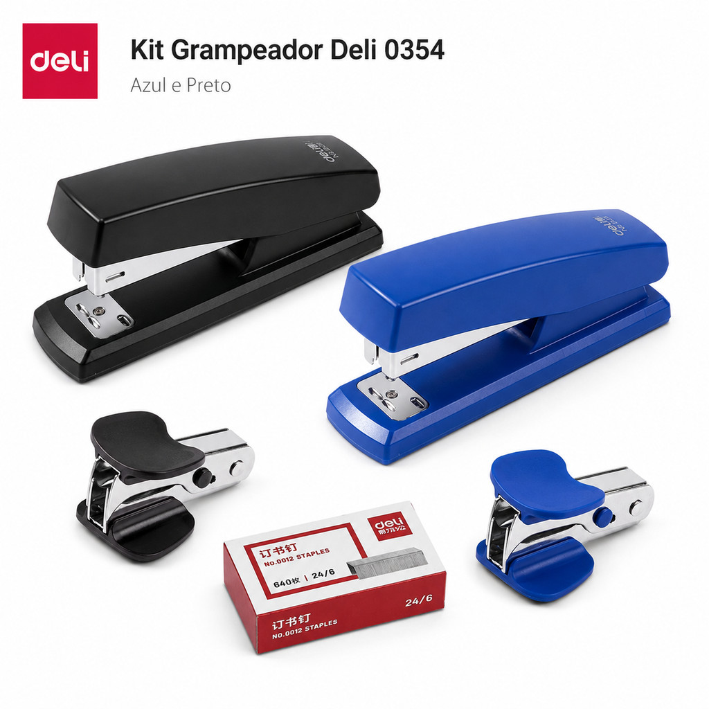 Kit Grampeador Deli 0354 com Extrator e Grampos 25 Folhas 24/6 e 26/6 Escritório