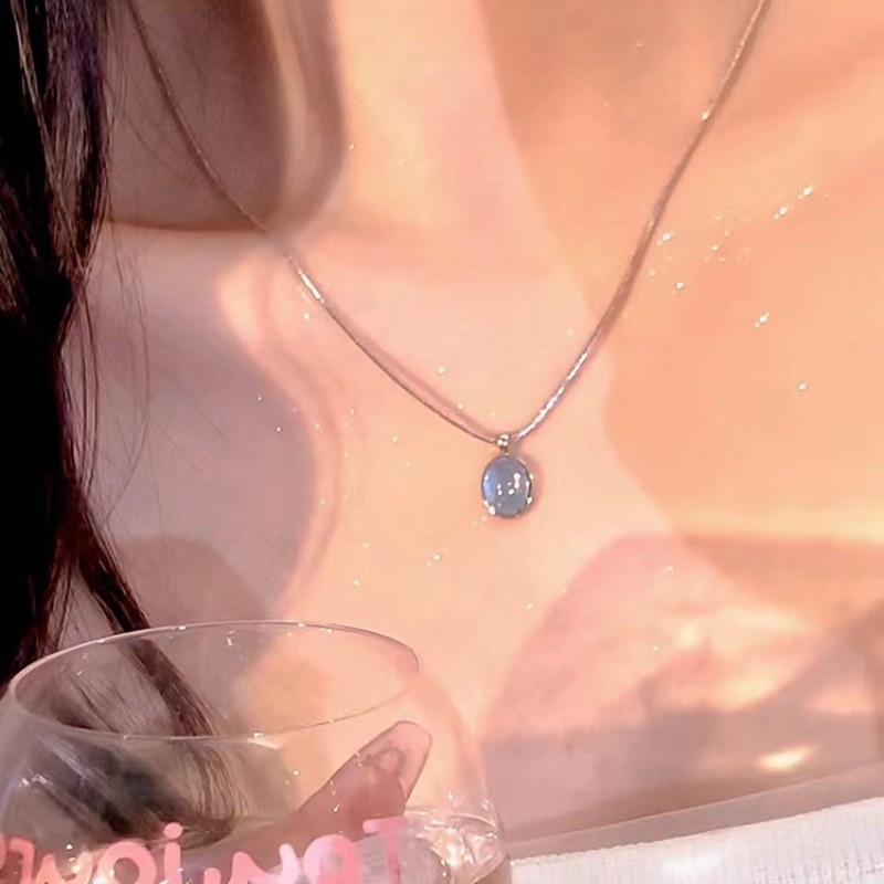 Prata Natural Água-Marinha Moonstone Colar Oval Pingente Corrente De Osso De Cobra