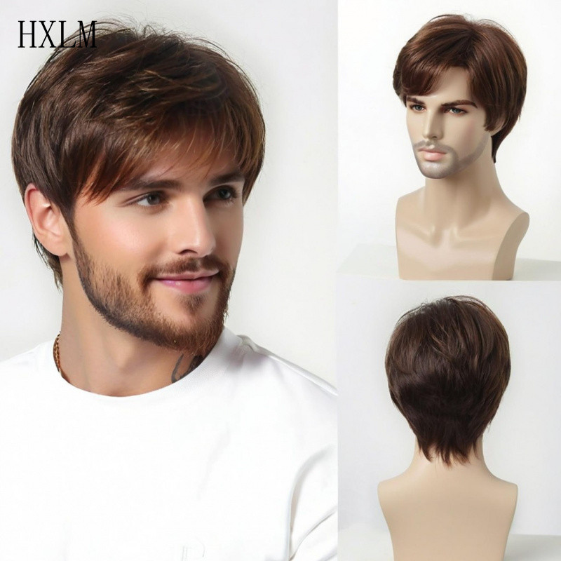 Nova Peruca Masculina Europeia e Americana de Cabelo Curto Liso com Franja Lateral, Fibra Química, com Faixa de Cabelo Y