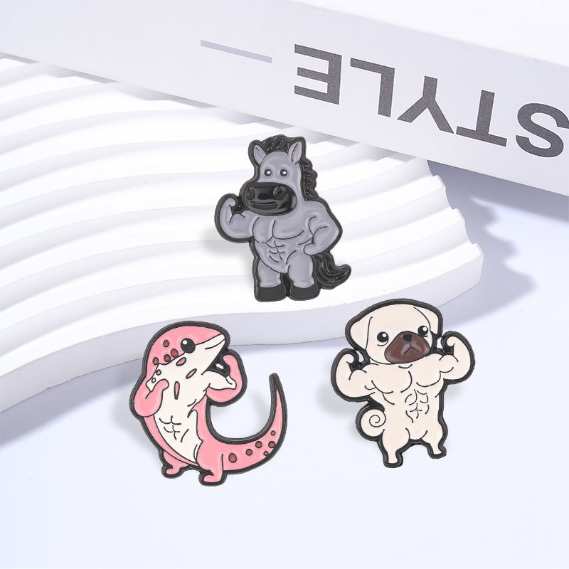 Engraçado Músculo Animal Esmalte Pinos Dos Desenhos Animados Forte Cavalo Pug Dinossauro Broches Lapela Para Mochilas Ac