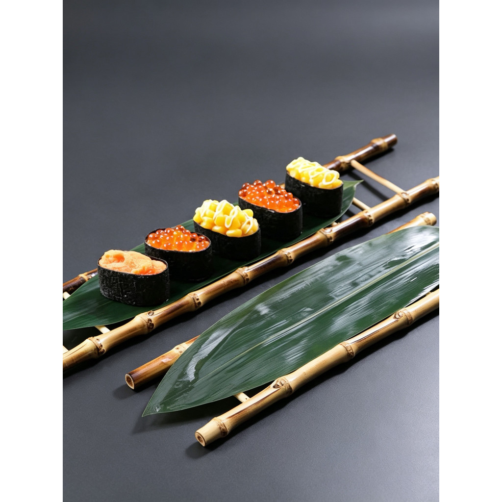 Sashimi arranjo decoração folha de bambu Sushi bife churrasco decoração grama arroz fresco bolinho folha decoração folha