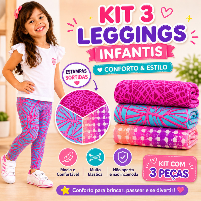 Kit 3 Legging Infantil Menina Estampada Confortável Moda Kids Sortidas |1905| Oferta