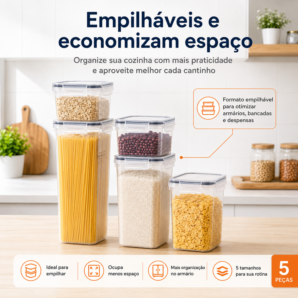 Kit 5 Potes Herméticos Organizadores De Cozinha Porta Mantimentos Plástico Transparente Com Tampa