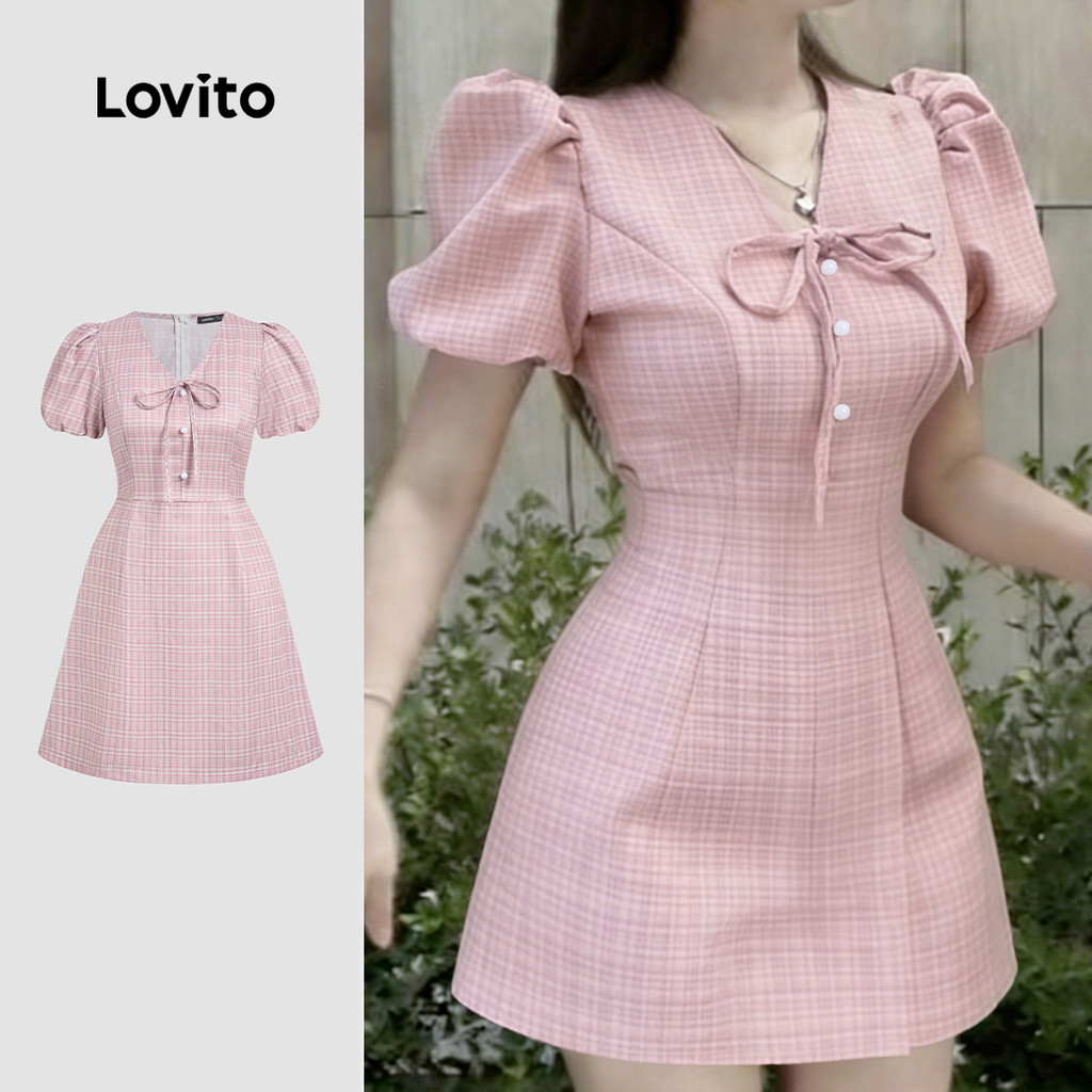 Lovito Vestido Casual Rosa de Primavera/verão para Mulheres com Laço e Botão frontal LK5ED513