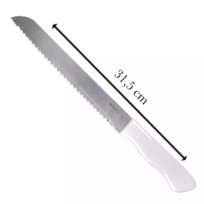 Faca de Pão Bolo Torta Lâmina Aço Inox 8 Polgadas 32,5cm Original Line Cabo Plástico Branco Cozinha Serra Serrilha