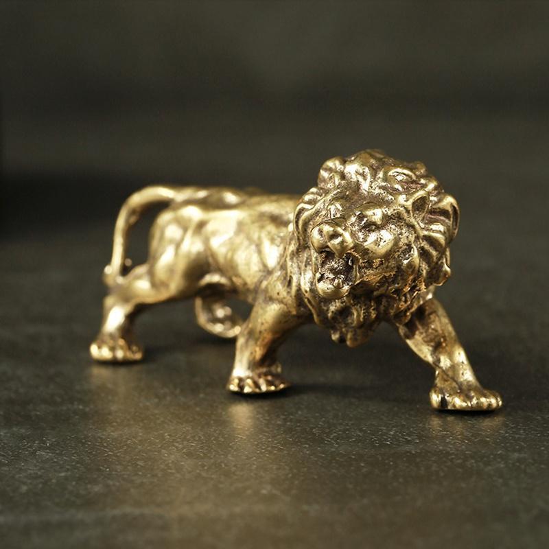 Antigo Bronze Masculino Leão Rei Estátua Pequenos Ornamentos De Cobre Sólido Montanha Leões Figuras Em Miniatura Escultu
