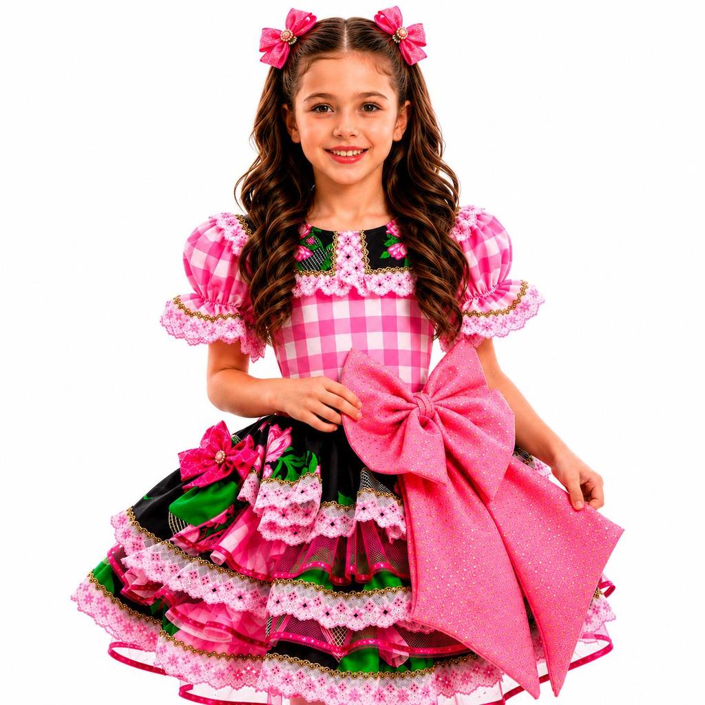 Vestido Festa Junina Infantil Xadrez Super Luxo Rodado Com Babados e Bolsa