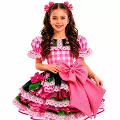 Vestido Festa Junina Infantil Xadrez Super Luxo Rodado Com Babados e Bolsa