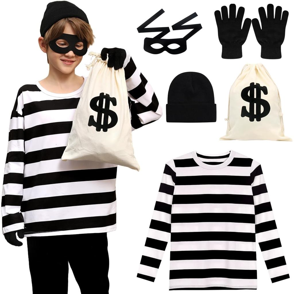 Conjunto de 5 Peças de Fantasia de Ladrão de Banco para Crianças no Halloween, Inclui Camisa Listrada Preta e Branca par