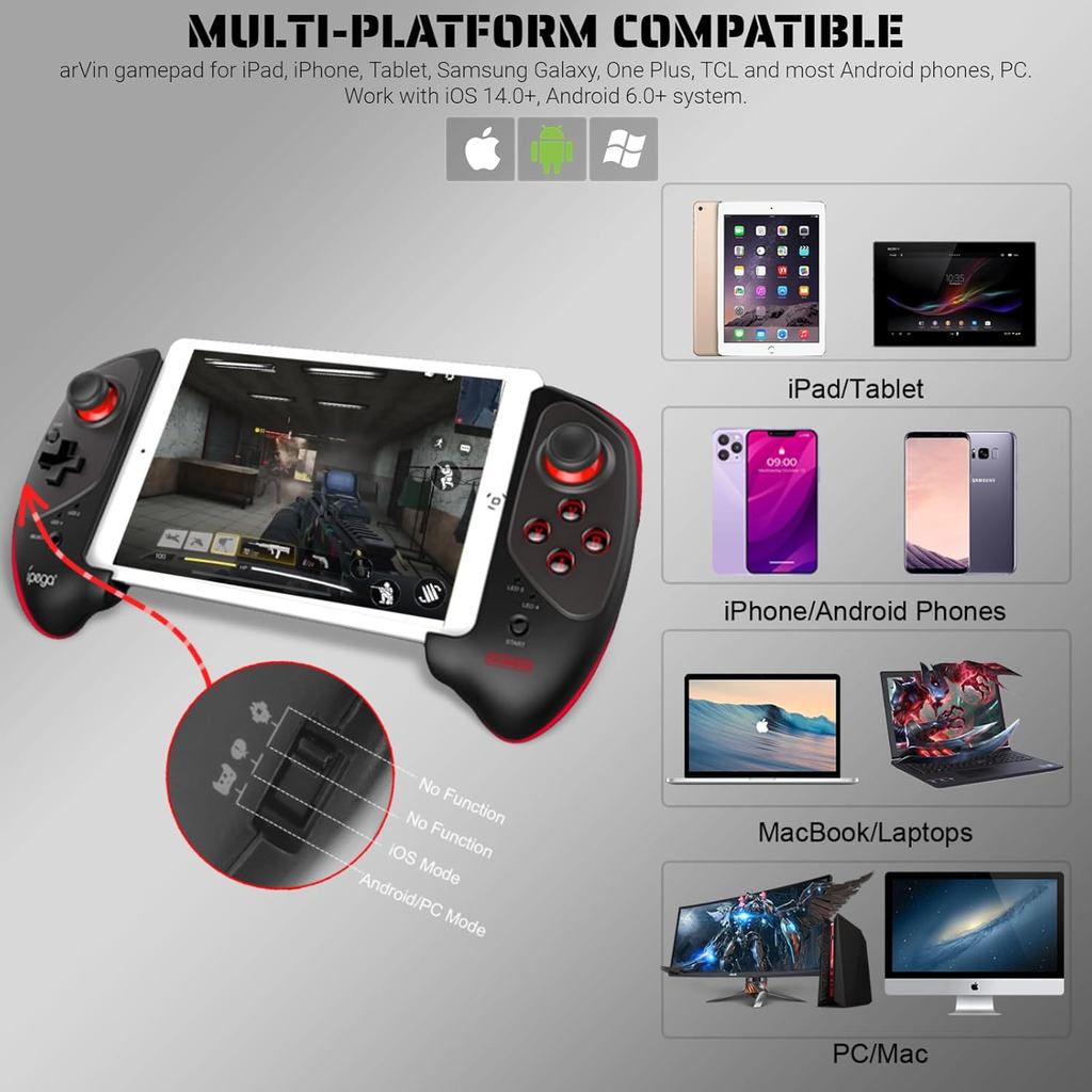 Controlador de Jogos arVin para iPad/iPad Mini/iPad Air, iPhone 15/14/13/12, iOS