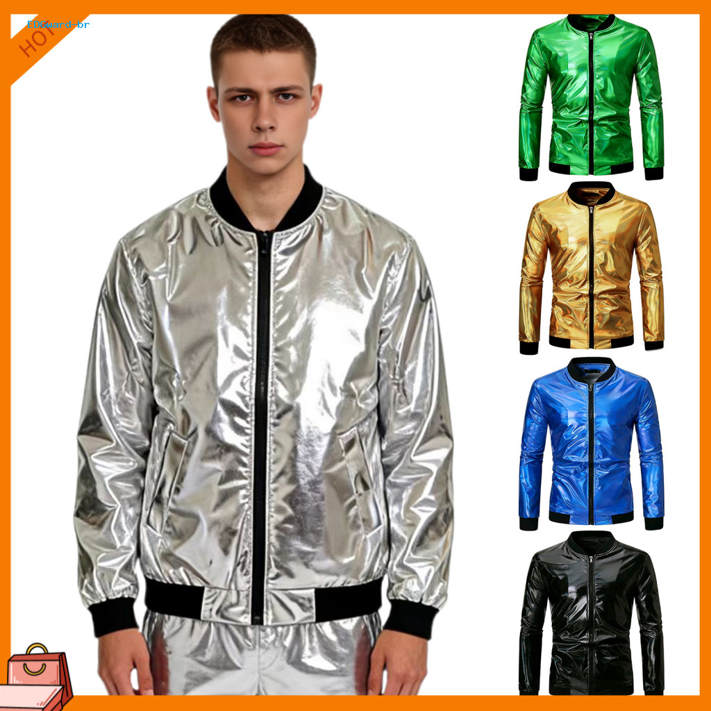 Shiny Men Coat Spring Jacket Men's Stand-up Collar with Threaded Cuffs – Golden Stamping Long Sleeve Outerwear for and