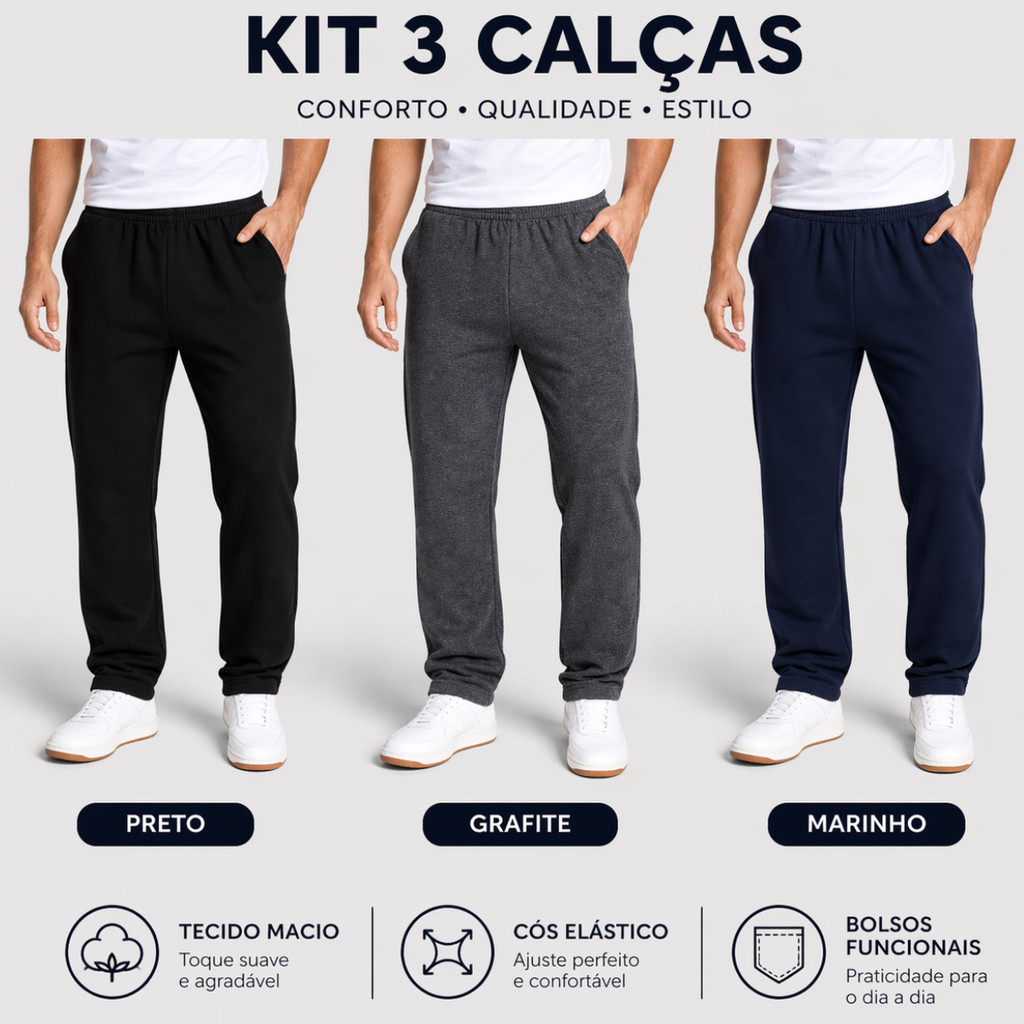 Kit 3 Calças de Moletom Básica Adulto Unissex sem punho