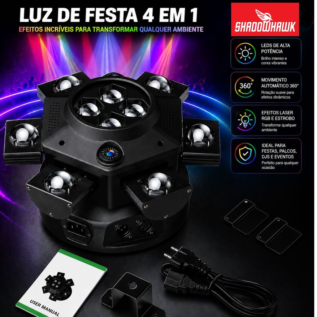 Luz Moving Head RGBW 4 Em 1 Laser LED Strobo DMX Controle Remoto Bivolt 110/220V Shadowhawk Festa DJ