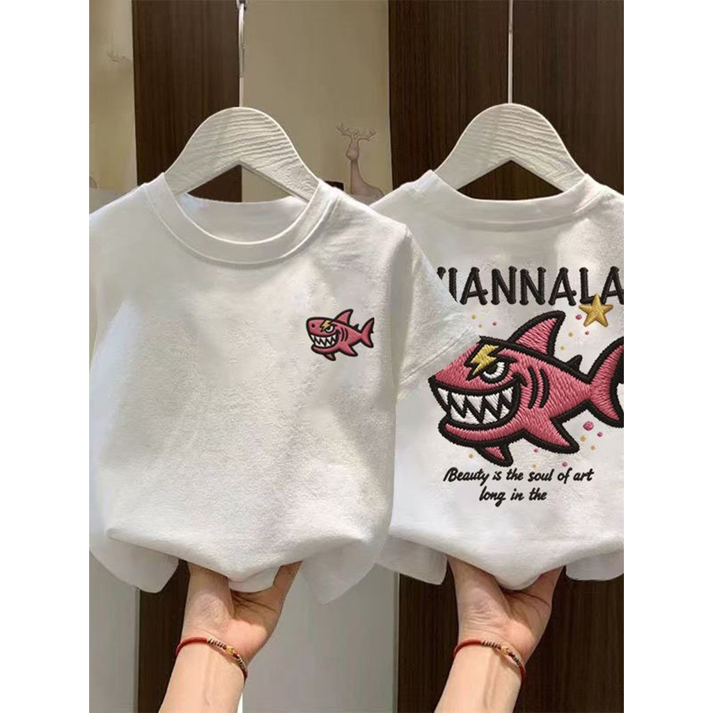 Crianças roupas infantis tubarão americano impressão 100% algodão de manga curta camiseta meninos meninas crianças verão