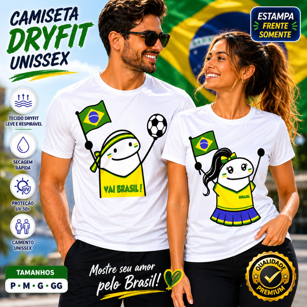 Camiseta Casal Brasil Copa Do Mundo Kit 2 Camisas Vai Brasil Dryfit Premium P ao GG Unissex