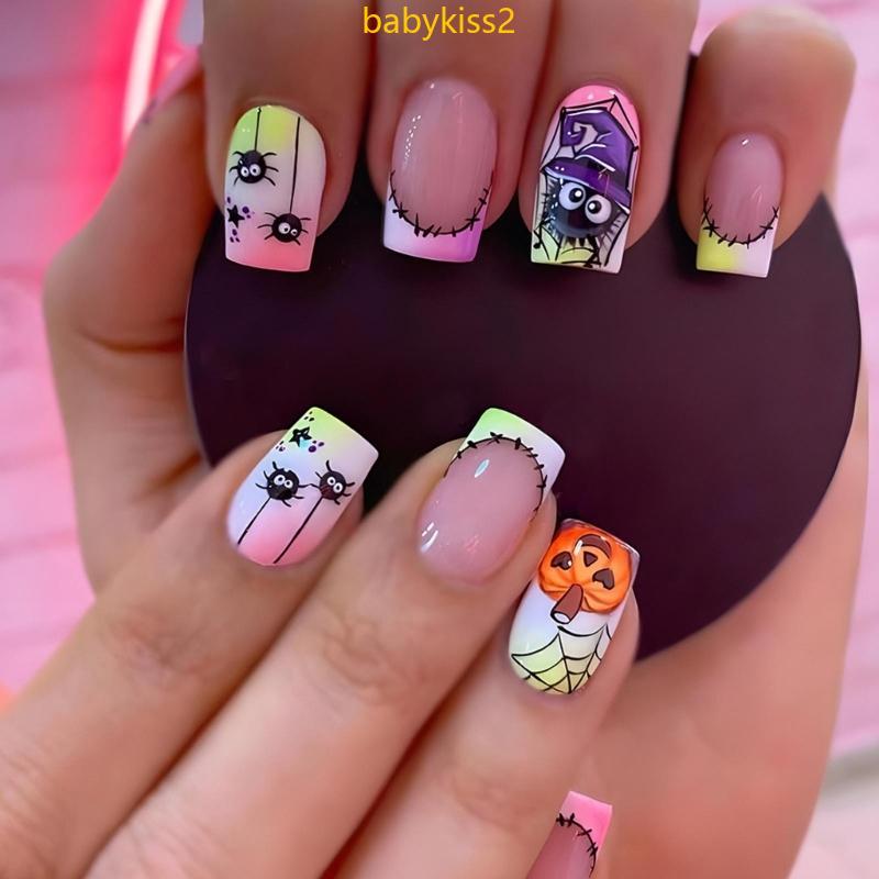 24 Unidades Prensa Halloween Unhas Quadradas Pontas Francesas Falsas Aranhas Acrílicas