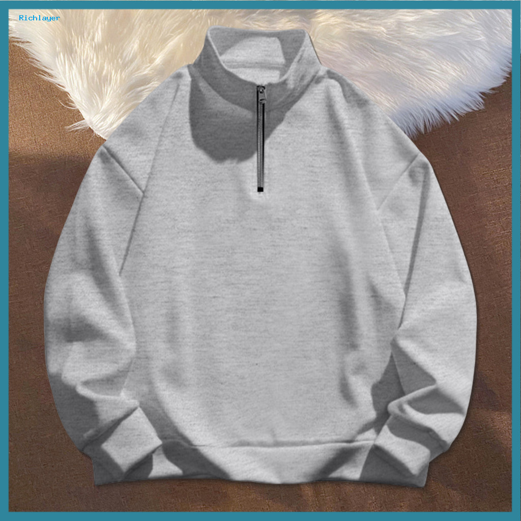 Long-sleeved Sweatshirt Sport Men's Half-zip with Stand Collar Lightweight Long Sleeve Pullover Solid Color Casual Top f