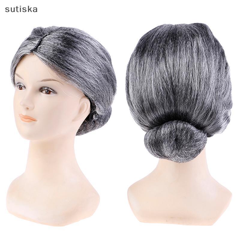 sutiska Velha Senhora Avó Vovó Peruca Cinza Coque Cabelo Fantasia Vestido Traje BR