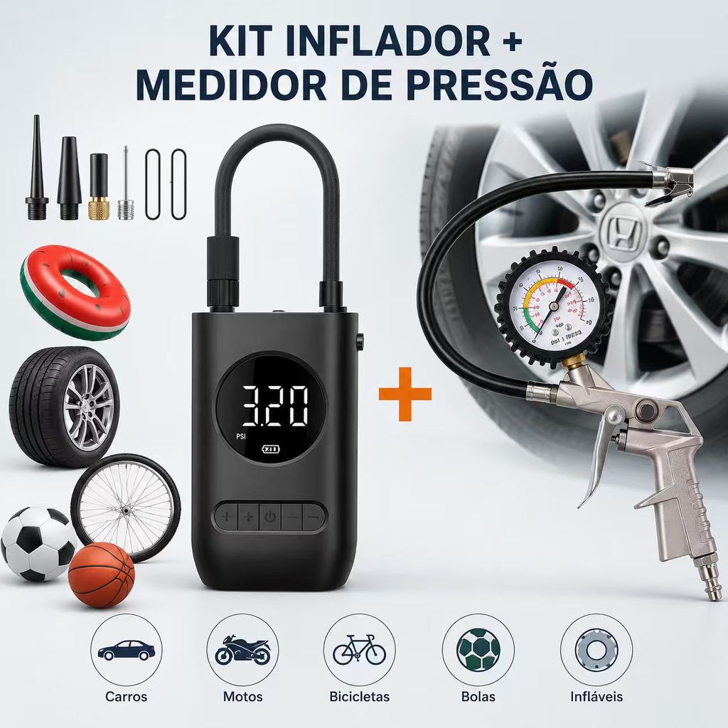 mini compressor de ar portátil inflador e calibrador de pneus com manômetro