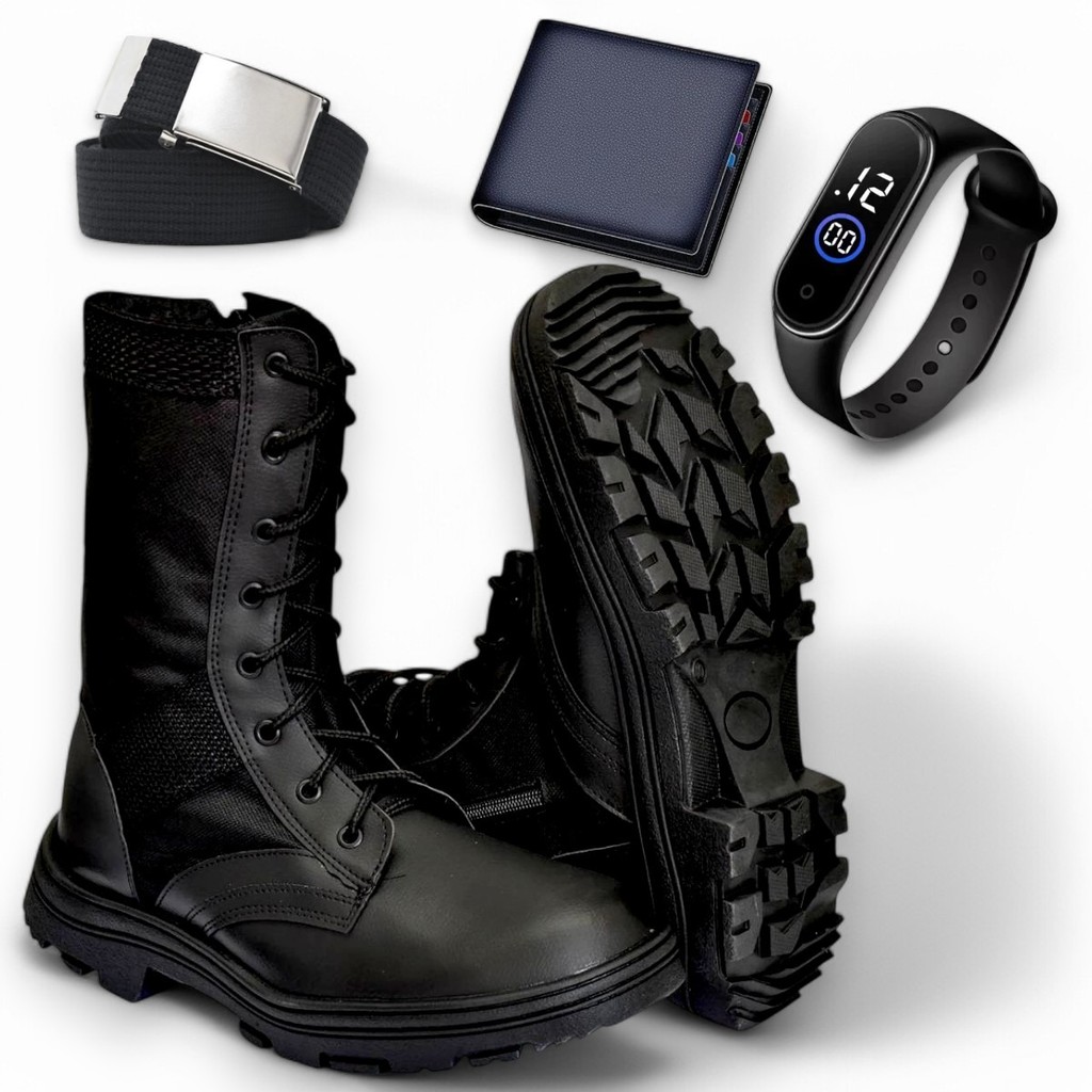 Kit 4 Em 1 Bota Feminina Masculina Cano Alto Robusta + Pulseira Digital + Carteira + Cinto Regulável  Envio Rápido