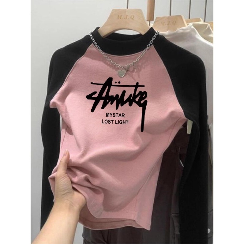 Meninas cor-bloqueando algodão puro manga comprida camiseta início do outono grandes crianças camisa de fundo interno pr