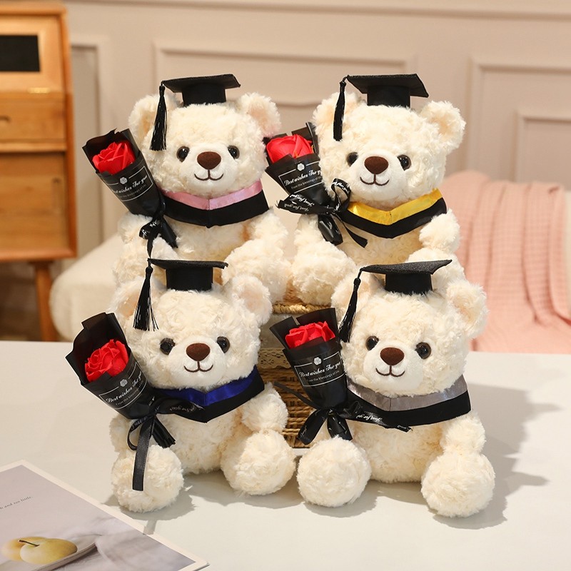 Boné De Formatura Urso De Pelúcia Com Estola Preta E Presente De Rosa Macio Decoração Fofa Brinquedos Quarto Aconchegant