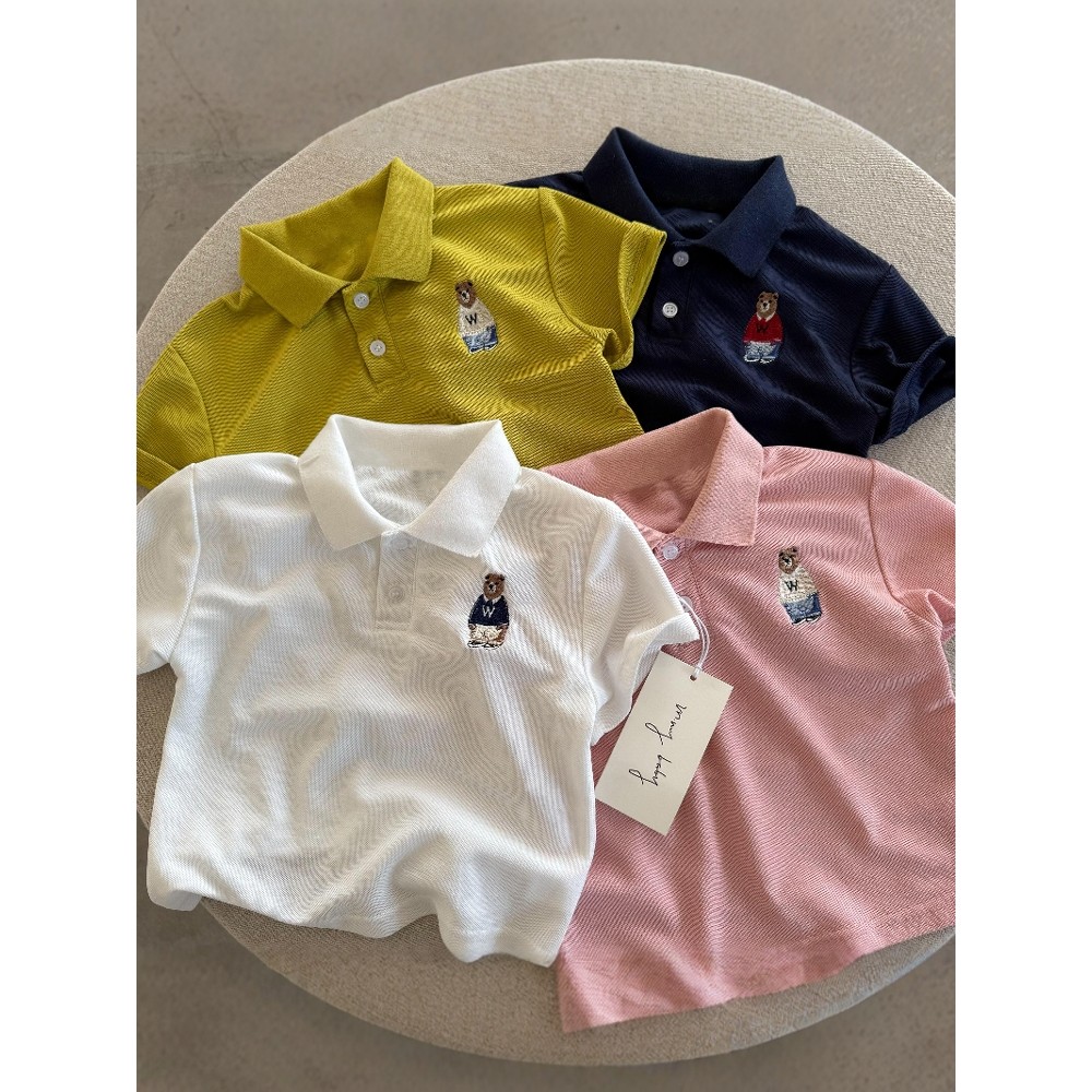 Crianças camisa POLO de manga curta 2026 verão novo estilo meninos meninas dos desenhos animados urso bordado camiseta b