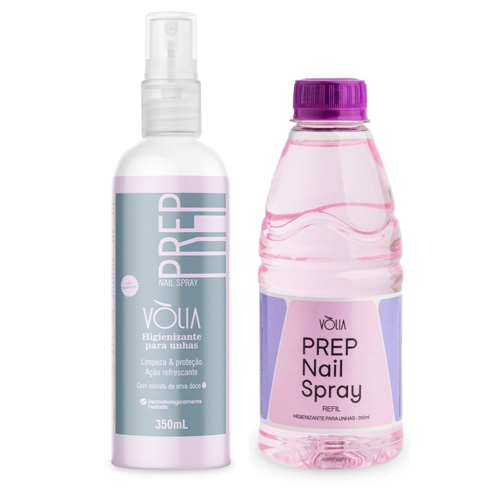 Prep Spray Higienizante Unhas 350ml + Prep Refil 310ml Vòlia Alongamento Unhas Limpeza Mãos Manicure