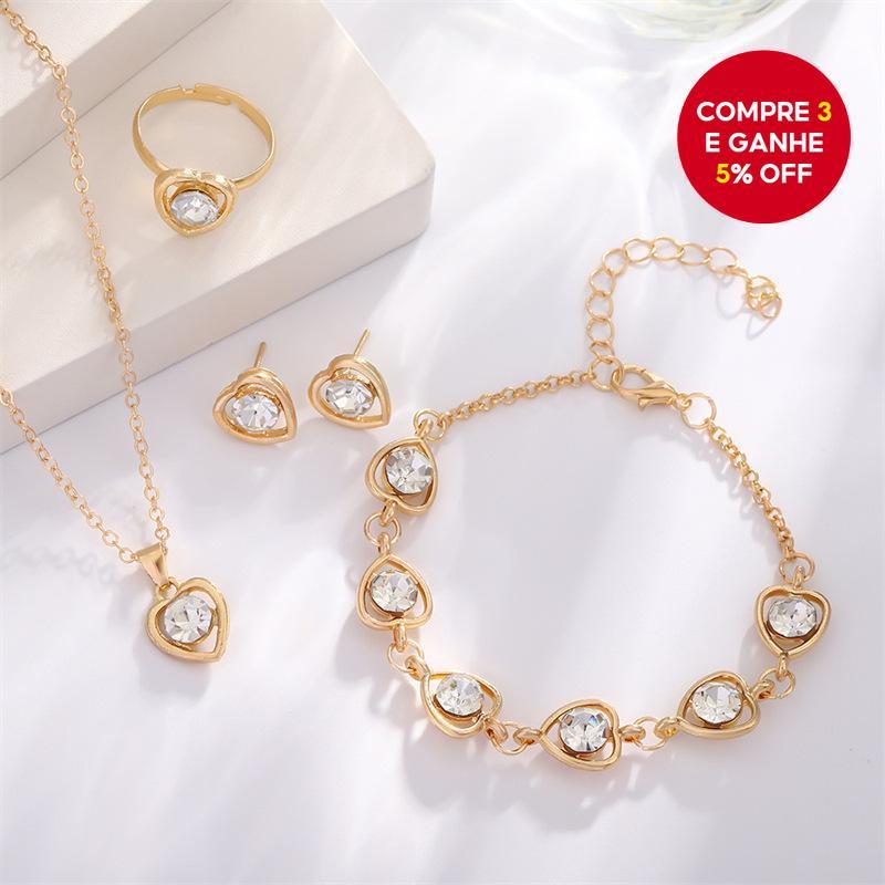 Conjunto De Joias De Coração Europeu 4 Peças Colar Oco Brincos Pulseira De Anel Para Mulheres
