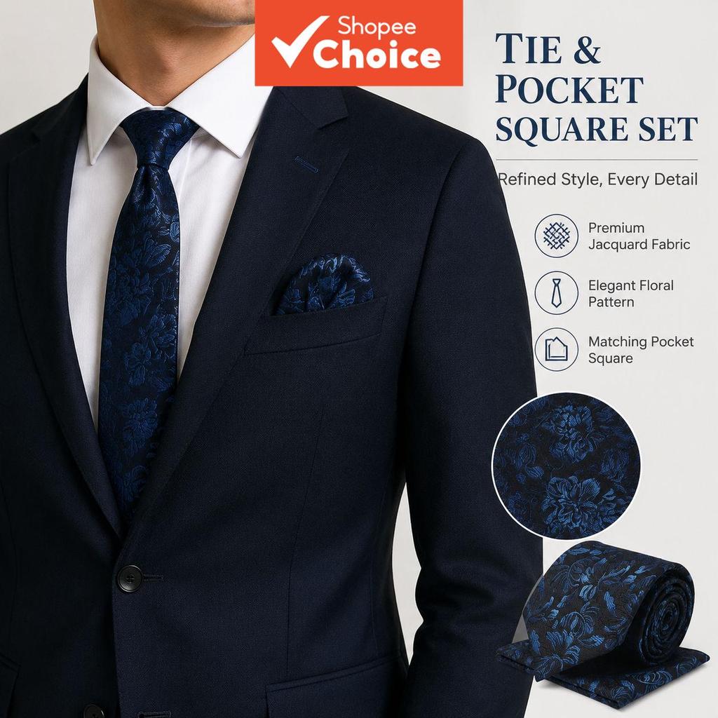 Gravata masculina, conjunto de gravata com jacquard floral e lenço de bolso a condizer, tecido premium, elegante para