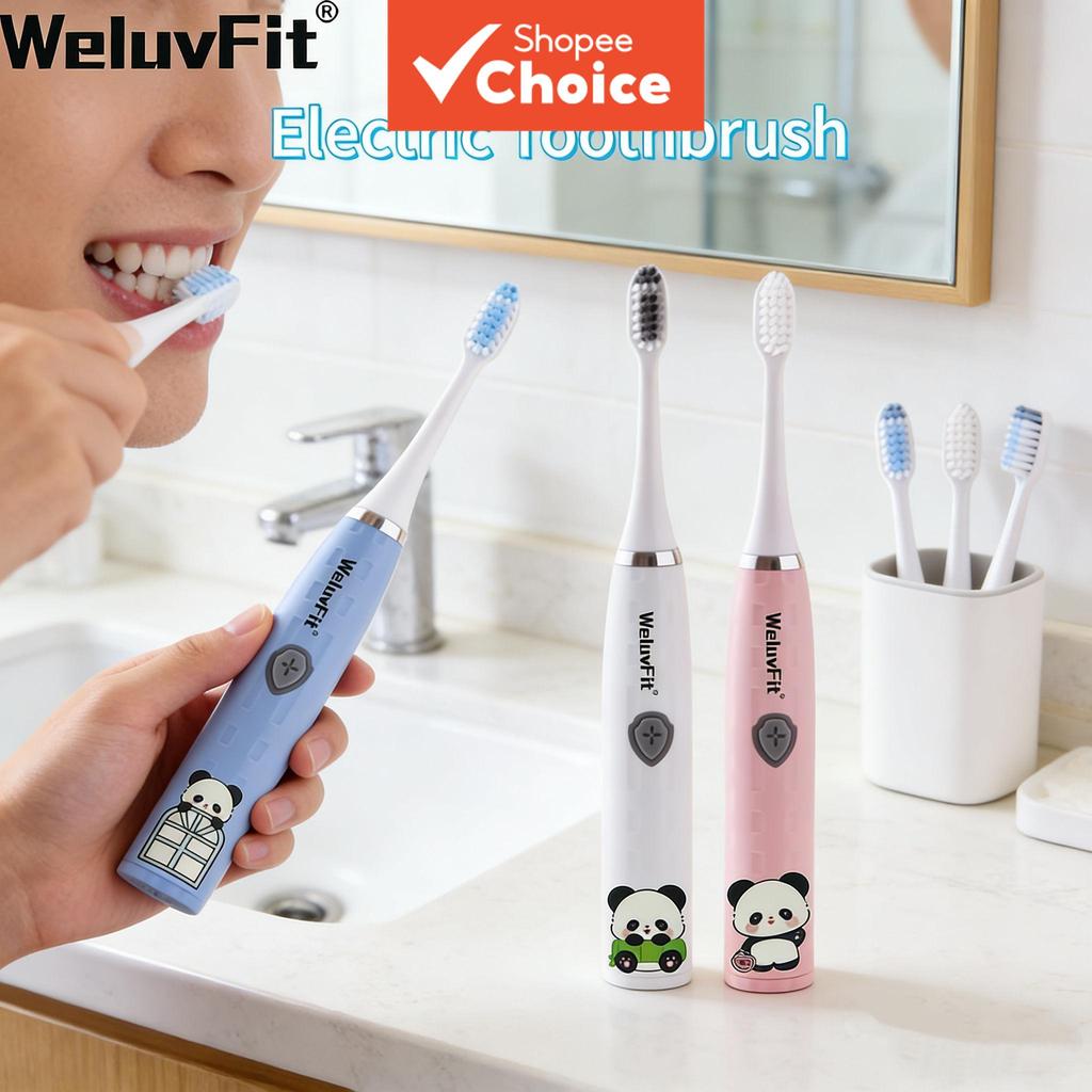 WELUVFIT nova escova de dentes elétrica Panda com 4 cabeças de escova, escova de dentes elétrica portátil para viagem,