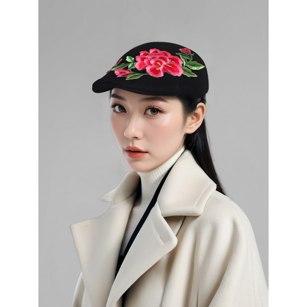 Estilo étnico chapéu senhoras 2026 novo estilo moda boina engrossado recurso flor frente boné All-Match boné