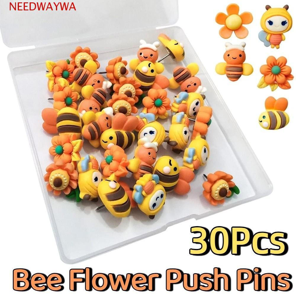 NEEDWAYWA 30 Peças De Alfinetes De Flor De Abelha , Tachas De Polegar 3D DIY , Multifuncional Com Caixa De Placa De Resi