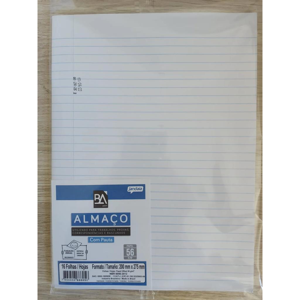 Papel Almaço com Pauta e Margem  Pacote com 16 folhas  Branco  Basic Art  Jandaia autor Jandaia (marca)