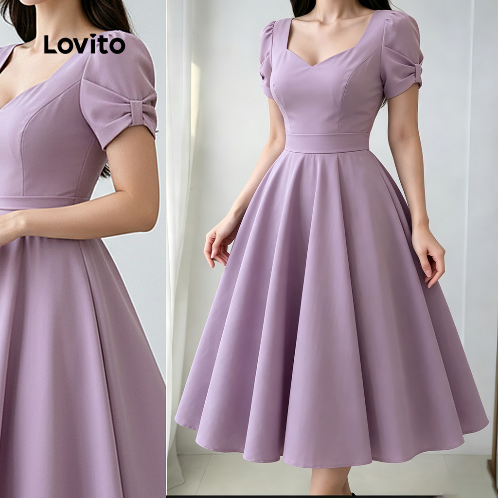Lovito Vestido Elegante com Laço Zíper Vestido Roxo Primavera/verão para mulheres LK6EDD158