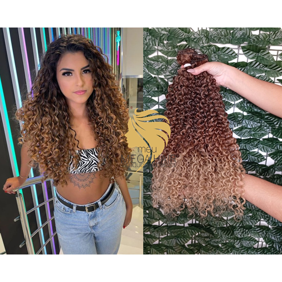 Aplique Cabelo 100% Semi Humano Na Tela Cacheado Loiro Ombre Hair 50cm igual Brasileiro do Sul