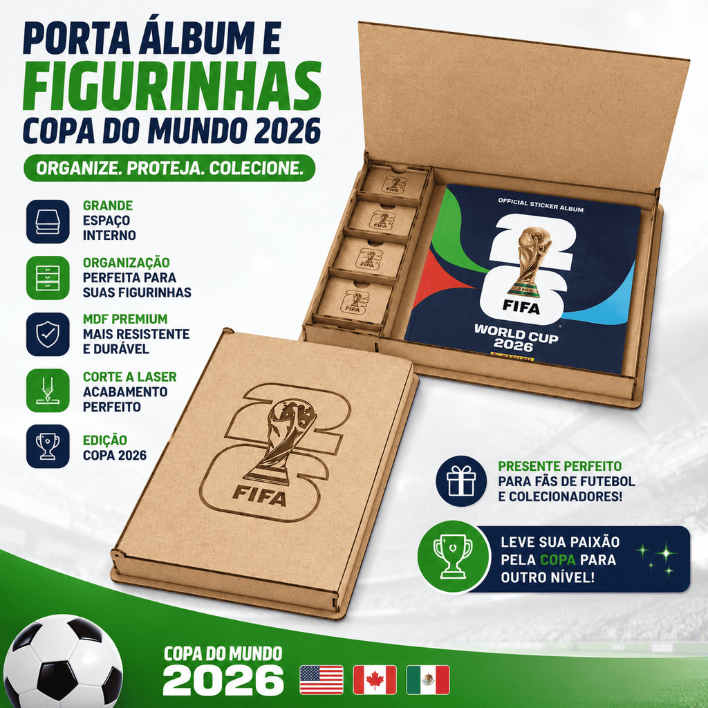 Porta Album Figurinhas Copa 2026 MDF | Caixa Porta Organizador MDF | Coleção Album da Copa do Mundo FIFA 2026