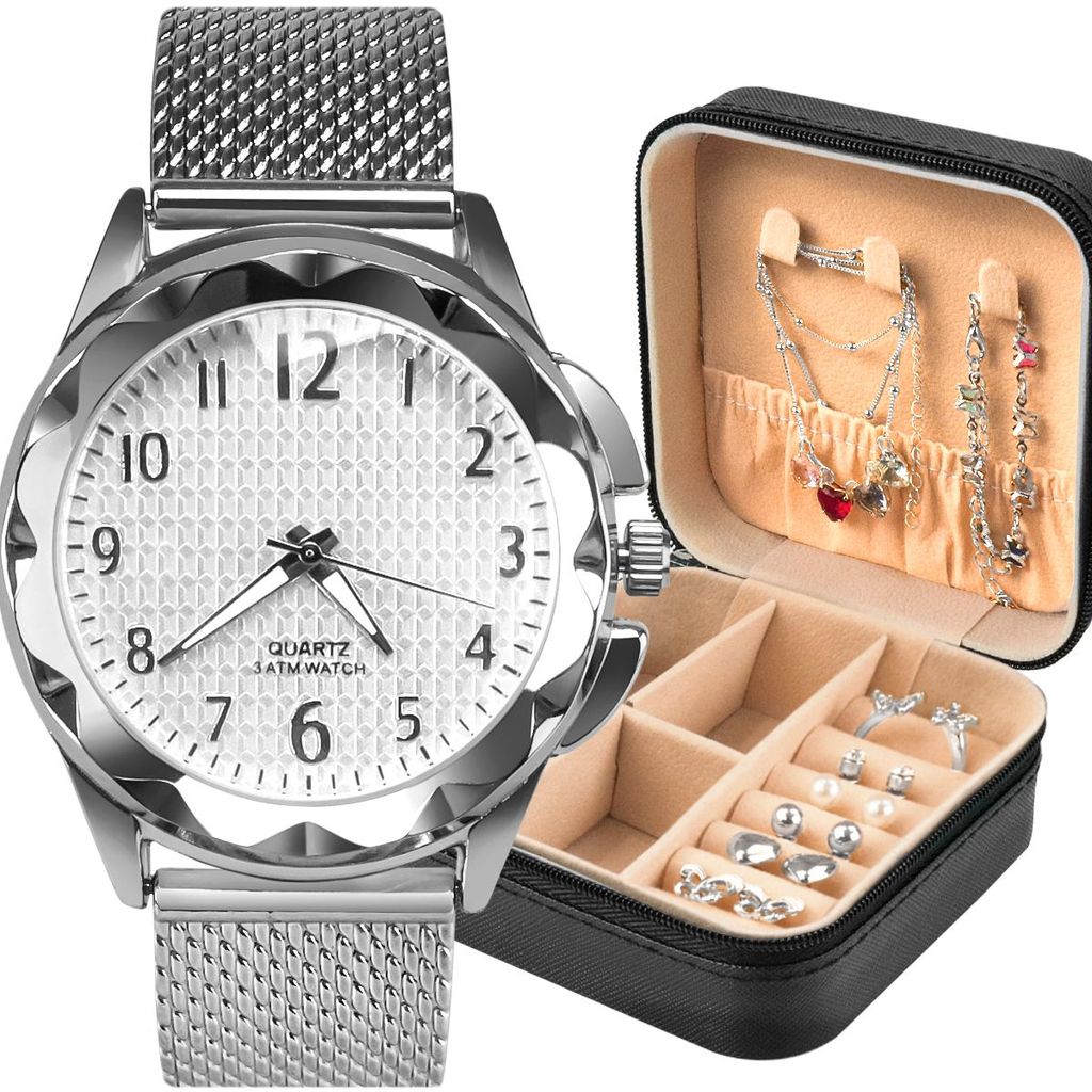 Relogio Feminino + Colar Ou Pulseira + Porta Joia prata