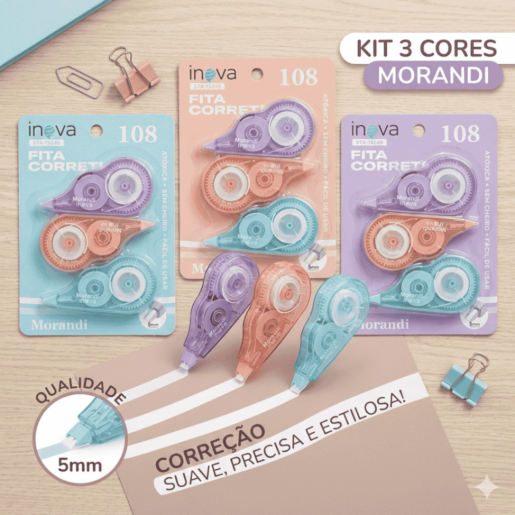 Kit 3 Corretivo colorido 5mm em Fita Para Correção Artigos De Papelaria Escola Escritório