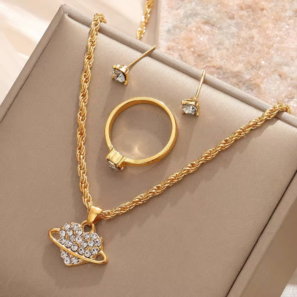 Semi Joia Folheado Ouro 18K Coração Planetário Conjunto 3 Peças