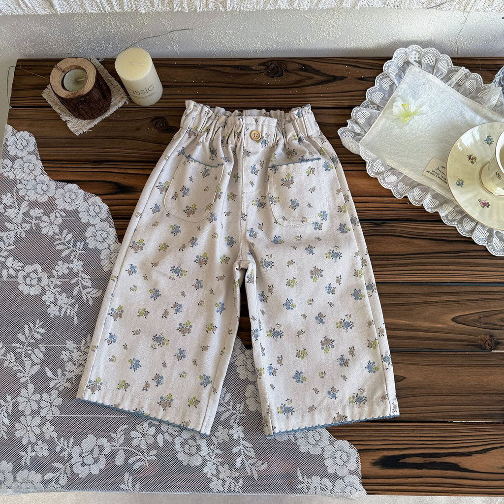 Primavera verão bebê menina crianças macacão de algodão bebê menina sarja azul Floral suspensórios de perna larga calças
