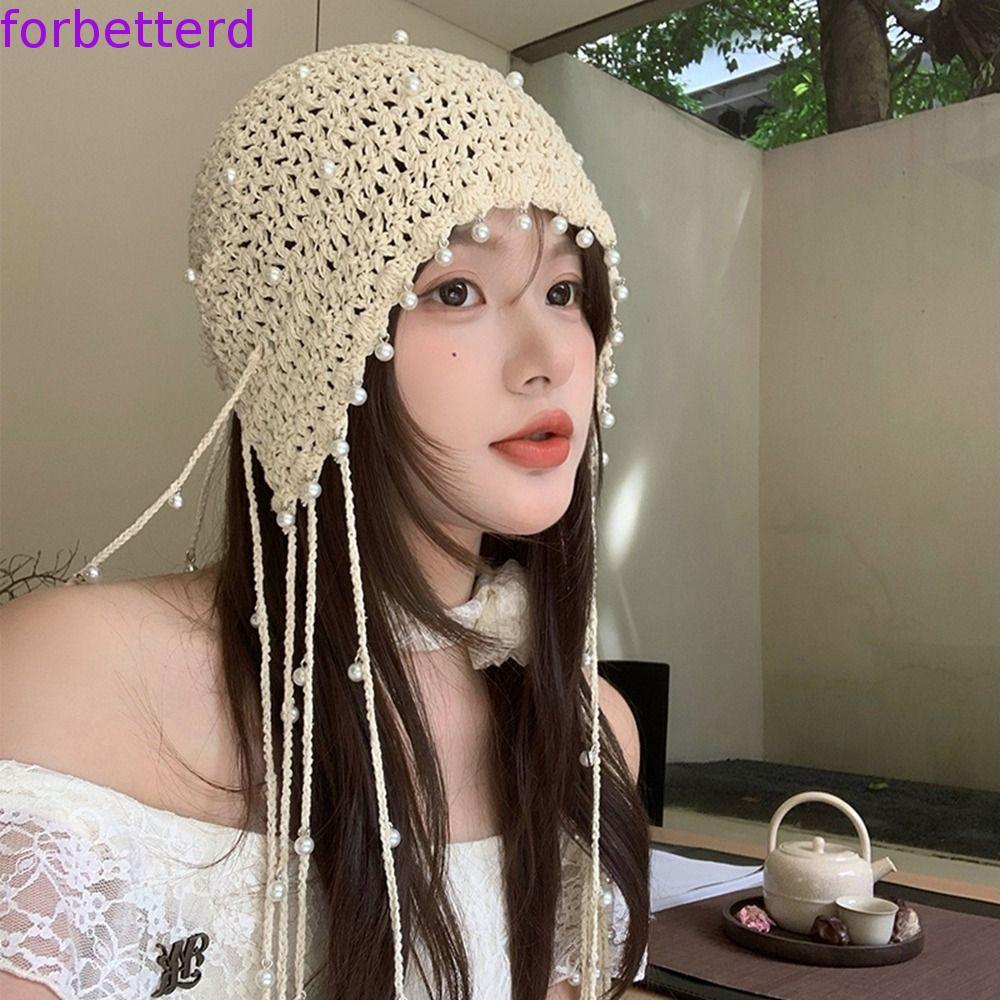 Boné De Malha FORBETTERD , Flor De Crochê Vazada Com Borlas De Pérola , Chapéu Estilo Étnico Feito À Mão