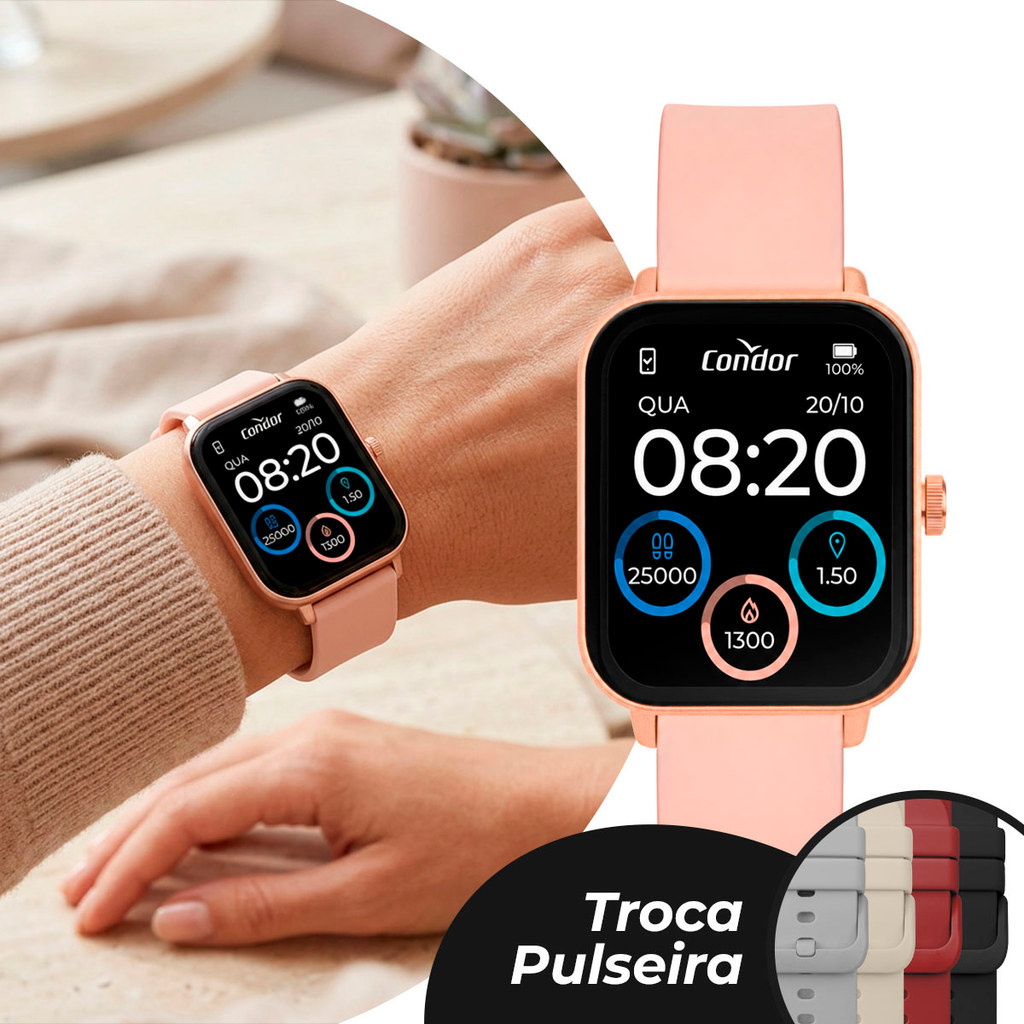 Smartwatch Feminino Rosa Kit com 5 Pulseiras com Caixa de Polímero e Pulseiras de Silicone à Prova d Água Fashion Condor
