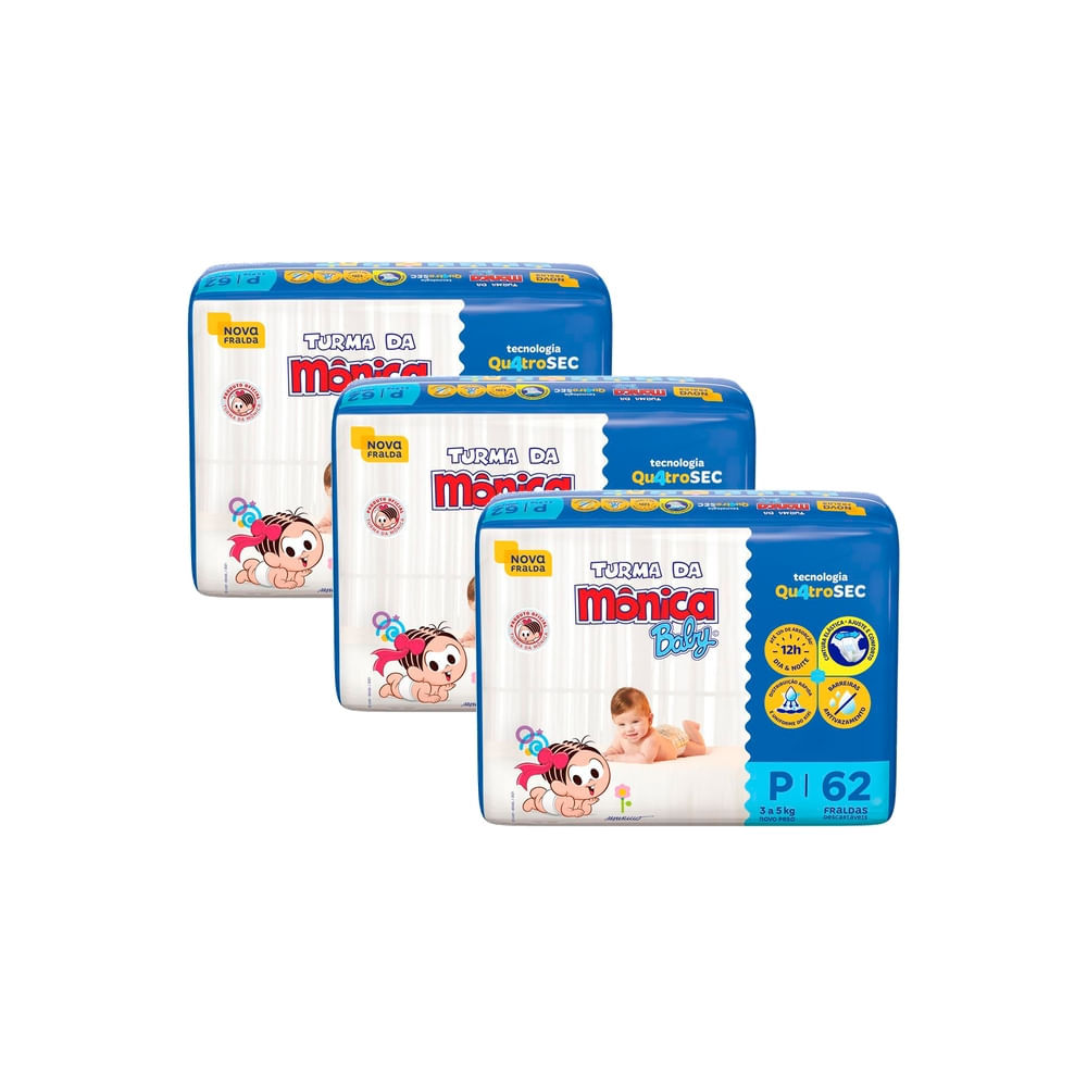 Kit 3 Fralda Turma da Mônica Baby Tamanho P Pacote Mega 62 Unidades Descartáveis